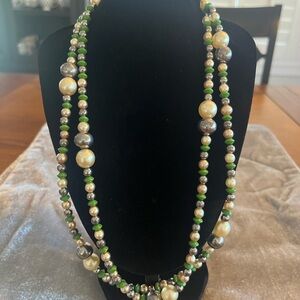 Long Beaded Necklace Green Pearl Look Heavy Quality Statement